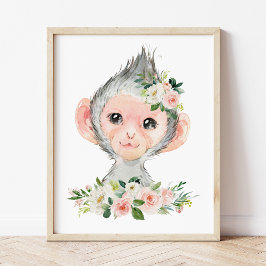 Monkey, Safari, Oerwoud, Roze Bloemen, Meisjessery Poster