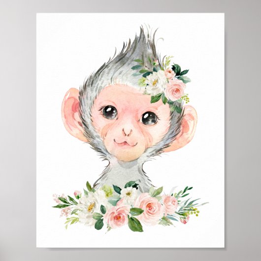 Monkey, Safari, Oerwoud, Roze Bloemen, Meisjessery Poster (Voorkant)