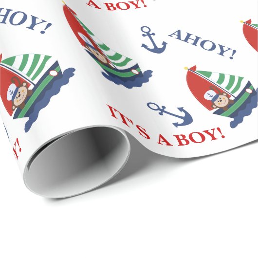 Monkey Sailboat Nautical Baby shower Cadeaupapier (Rol Hoek)