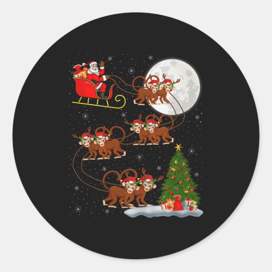 Monkey Santa Sleigh Flying Funny Magical Christmas Ronde Sticker (Voorkant)