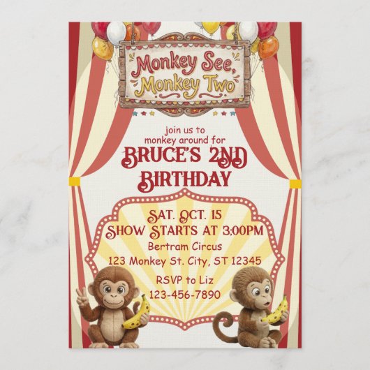 Monkey See Monkey Two, Circus 2nd Birthday Kaart (Voorkant)
