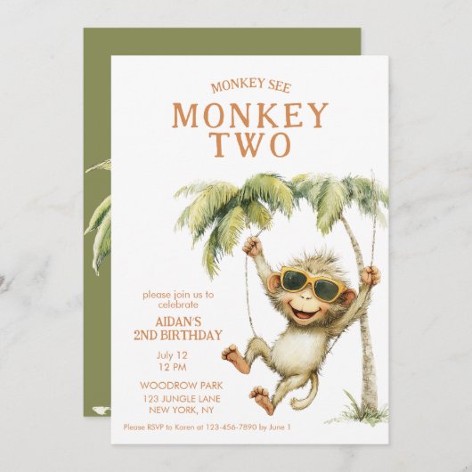 Monkey See Monkey Two Second Birthday Kaart (Voorkant / Achterkant)