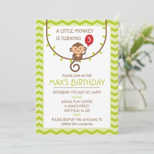 Monkey thema verjaardagsfeestje uitnodiging (Staand voorkant)