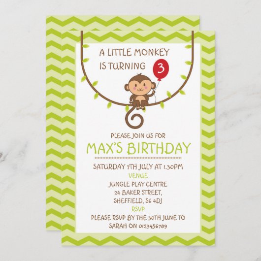 Monkey thema verjaardagsfeestje uitnodiging (Voorkant / Achterkant)