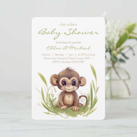 Monkey Theme Baby shower Invitation Kaart (Staand voorkant)