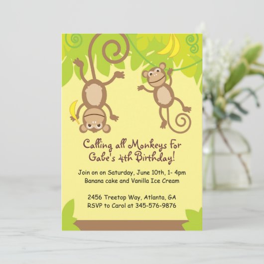 Monkey Thmed Birthday Party Invitation Kaart (Staand voorkant)