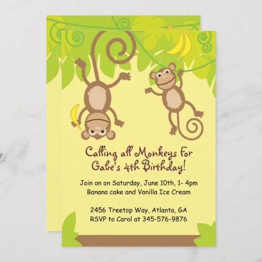 Monkey Thmed Birthday Party Invitation Kaart (Voorkant / Achterkant)