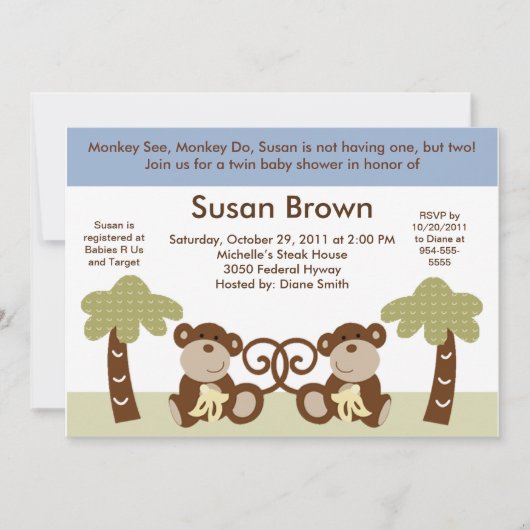Monkey Twin Baby Boys Shower Uitnodiging (Voorkant)