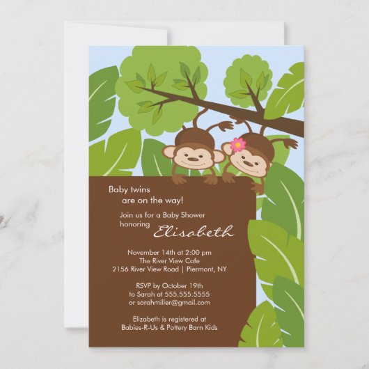 Monkey Twins Baby shower Invitation Boy Girl Kaart (Voorkant)