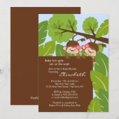 Monkey Twins Baby shower Invitation Girls Kaart (Voorkant / Achterkant)
