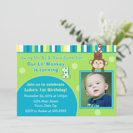 Monkey verjaardagsuitnodiging 5x7 fotokaart kaart (Staand voorkant)