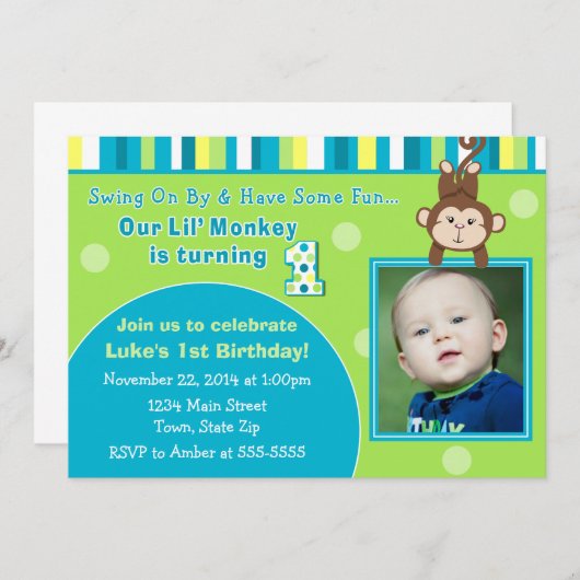 Monkey verjaardagsuitnodiging 5x7 fotokaart kaart (Voorkant / Achterkant)
