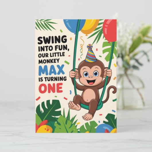Monkey verjaardagsuitnodiging kaart (Staand voorkant)