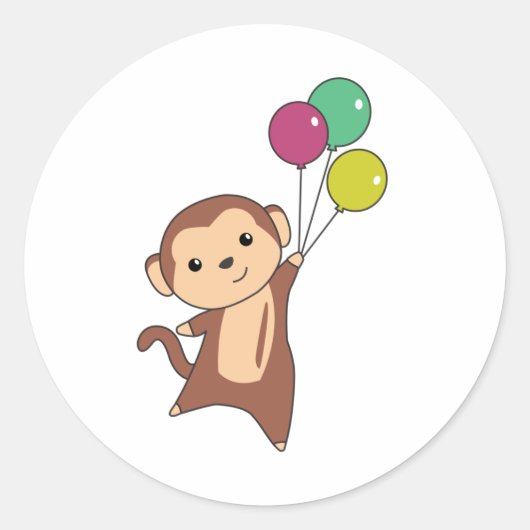 Monkey vliegt omhoog met ballonnen boven zoet ronde sticker (Voorkant)