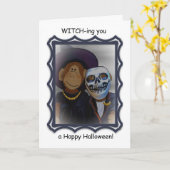 Monkey-Witch Halloween Wenskaart Kaart (Gele Bloem)