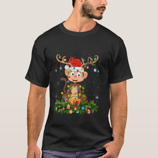 Monkey Xmas Verlichting Rendier Santa Hat Monkey C T-shirt (Voorkant)