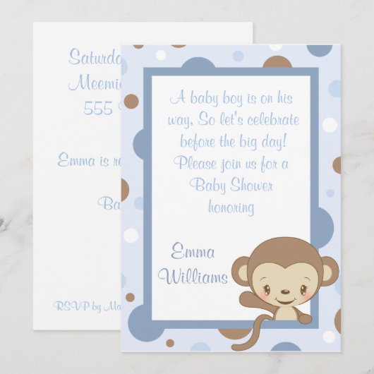 Monkey Zoo Baby shower Invitation-Blue Kaart (Voorkant / Achterkant)