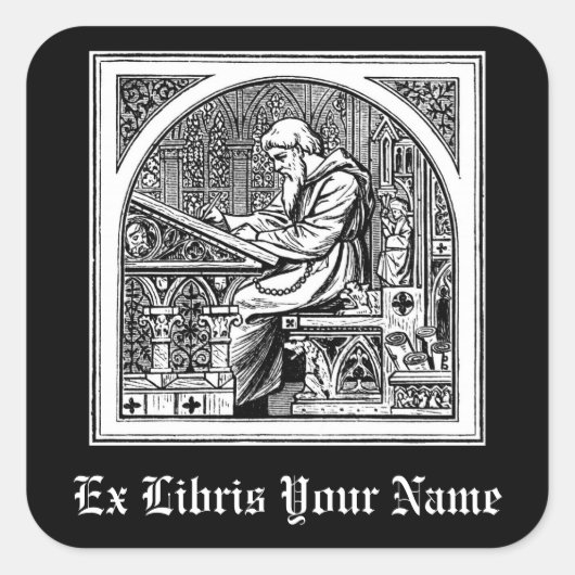 Monnik bij middeleeuwse schrijftafel boekplaat vierkante sticker (Voorkant)