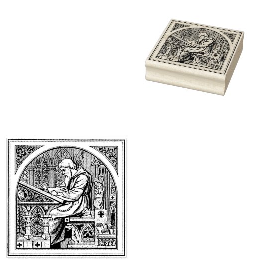 Monnik bij middeleeuwse schrijftafel rubberstempel (Gestempeld)