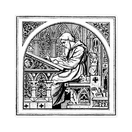 Monnik bij middeleeuwse schrijftafel rubberstempel (Afrduk)