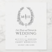 Mono hand getrokken blad monogram kunst bruiloft w wijn etiket (Enkel label)