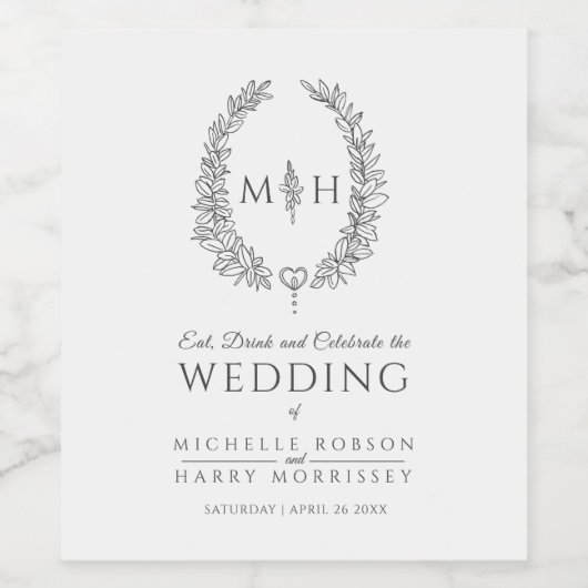 Mono hand getrokken blad monogram kunst bruiloft w wijn etiket (Enkel label)