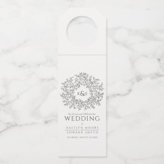 Mono handgetekende bladmonogram bruiloft flessenhanger (Voorkant)
