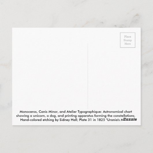 Monoceros, Canis Minor en Atelier Typographique Briefkaart (Achterkant)