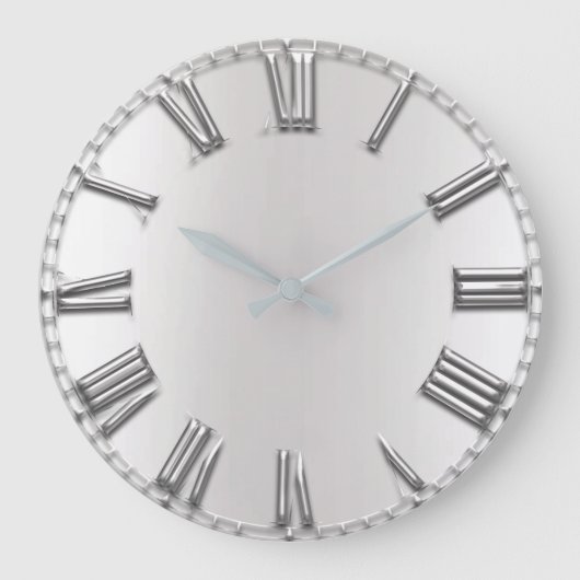 Monochrom Grey Metallic Grey Silver Roman Numbers Grote Klok (Voorkant)