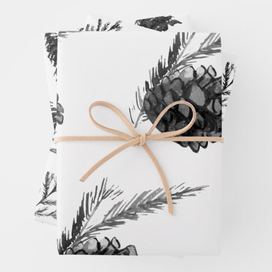 Monochrom Winter Kerstboom Pine Branch Cones Inpakpapier Vel (In situ)