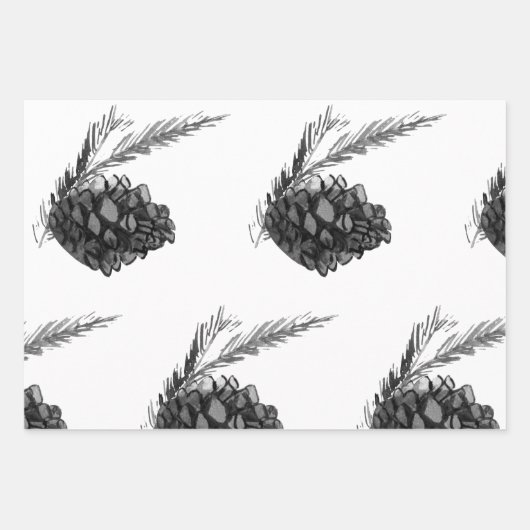 Monochrom Winter Kerstboom Pine Branch Cones Inpakpapier Vel (Voorkant)