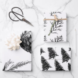 Monochrom Winter Kerstboom Pine Branch Cones Inpakpapier Vel