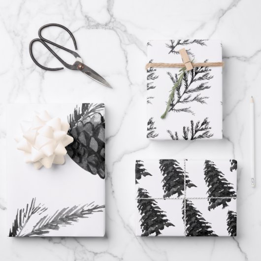Monochrom Winter Kerstboom Pine Branch Cones Inpakpapier Vel (Voorkant)