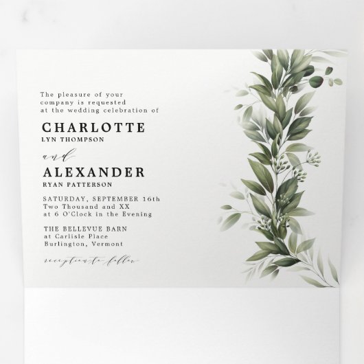 Monochromati Greenergy All in one Wedding Tri-Fold Drieluik Uitnodiging (Binnenzijde eerst)