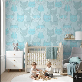 Monochromatic Blue MCM Abstract Cat Pattern Behang