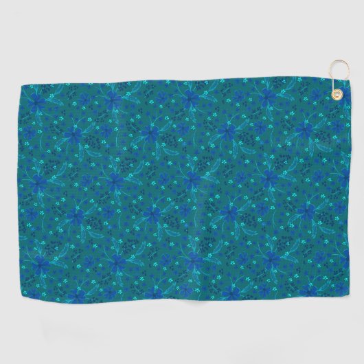 Monochromatic dark turquoise blue retro floral  golfhanddoek (Horizontaal)