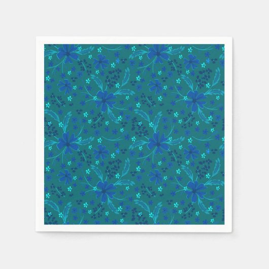Monochromatic dark turquoise blue retro floral  servet (Voorkant)