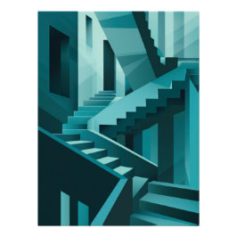 Monochromatic Turquoise Isometric Staircase Maze Perfect Poster