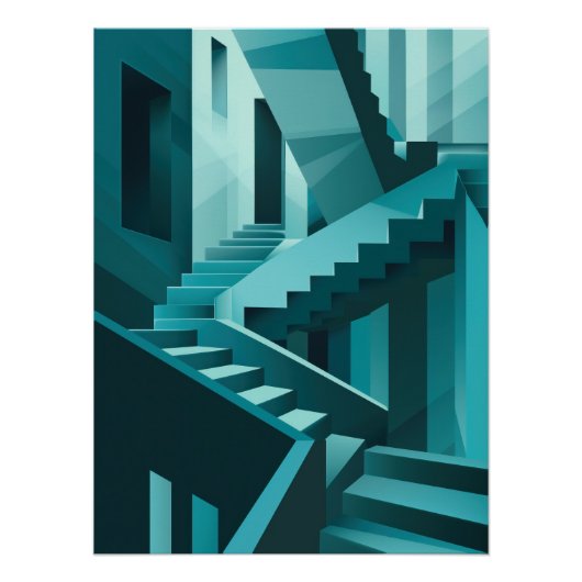 Monochromatic Turquoise Isometric Staircase Maze Perfect Poster (Voorkant)