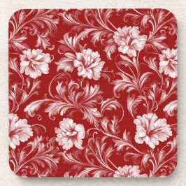 Monochromatisch Barok Bloemenpatroon, Wit op Rood Bier Onderzetter