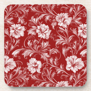 Monochromatisch Barok Bloemenpatroon, Wit op Rood Bier Onderzetter