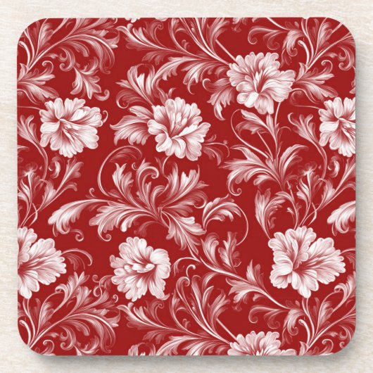 Monochromatisch Barok Bloemenpatroon, Wit op Rood Bier Onderzetter (Voorkant)