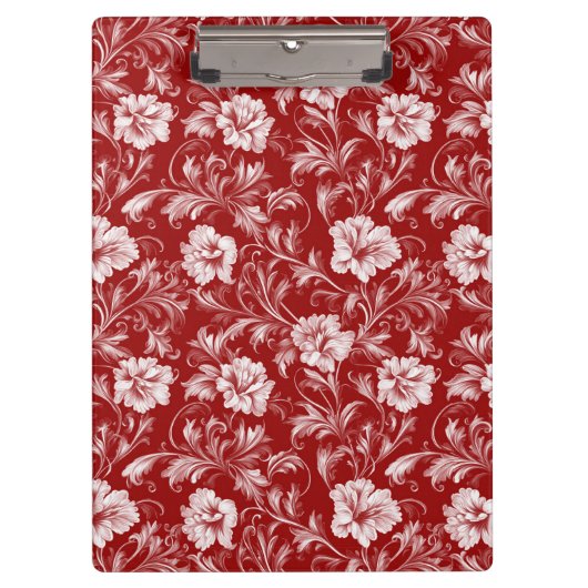 Monochromatisch Barok Bloemenpatroon, Wit op Rood Klembord (Voorkant)