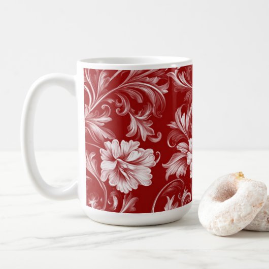 Monochromatisch Barok Bloemenpatroon, Wit op Rood Koffiemok (Met donut)