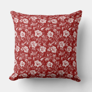 Monochromatisch Barok Bloemenpatroon, Wit op Rood Kussen