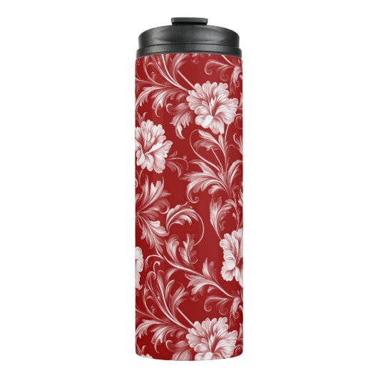 Monochromatisch Barok Bloemenpatroon, Wit op Rood Thermosbeker (Voorkant)