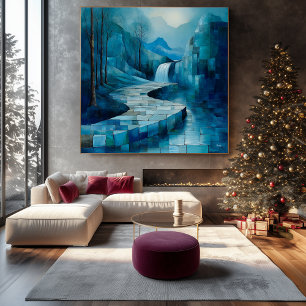 Monochromatisch blauw Abstract watervallandschap Canvas Afdruk