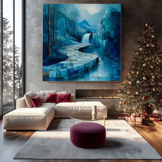 Monochromatisch blauw Abstract watervallandschap Canvas Afdruk