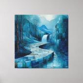 Monochromatisch blauw Abstract watervallandschap Canvas Afdruk (Voorkant)