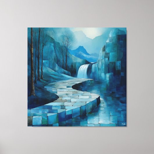 Monochromatisch blauw Abstract watervallandschap Canvas Afdruk (Voorkant)